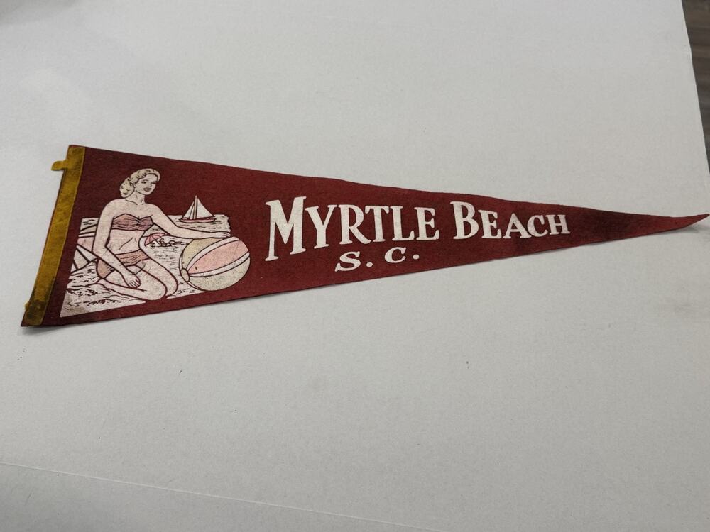 Vintage Felt Myrtle Beach SC Pennant Flag With Bikini Girl